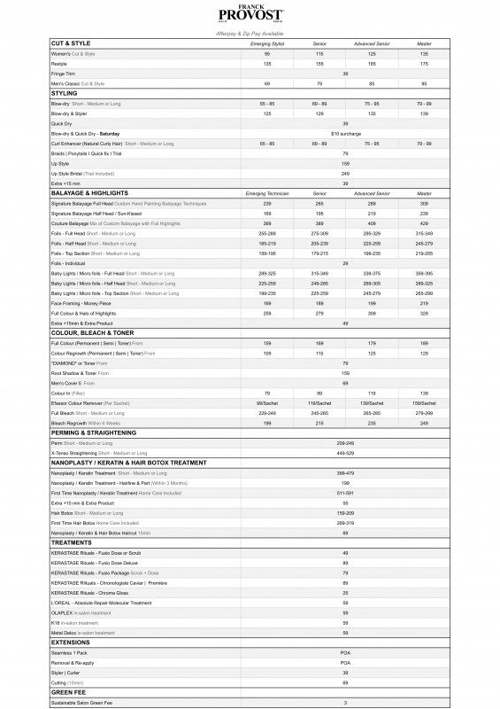 Franck Provost Menu of Services and Prices in Townsville hair salon